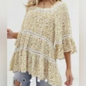Free People Talk About It Cream and Brown Tunic, size small